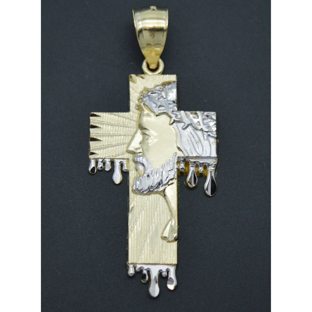 Real 10K Solid Yellow-White Gold 3D Textured Jesus Head Cross Pendant 3.2gr